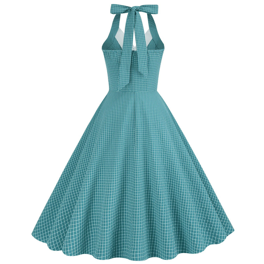 Women 50s Vintage Polka Dot Halter Cocktail Swing Dress Buttons 1950s Audrey Hepburn Dress