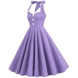 Women 50s Vintage Polka Dot Halter Cocktail Swing Dress Buttons 1950s Audrey Hepburn Dress