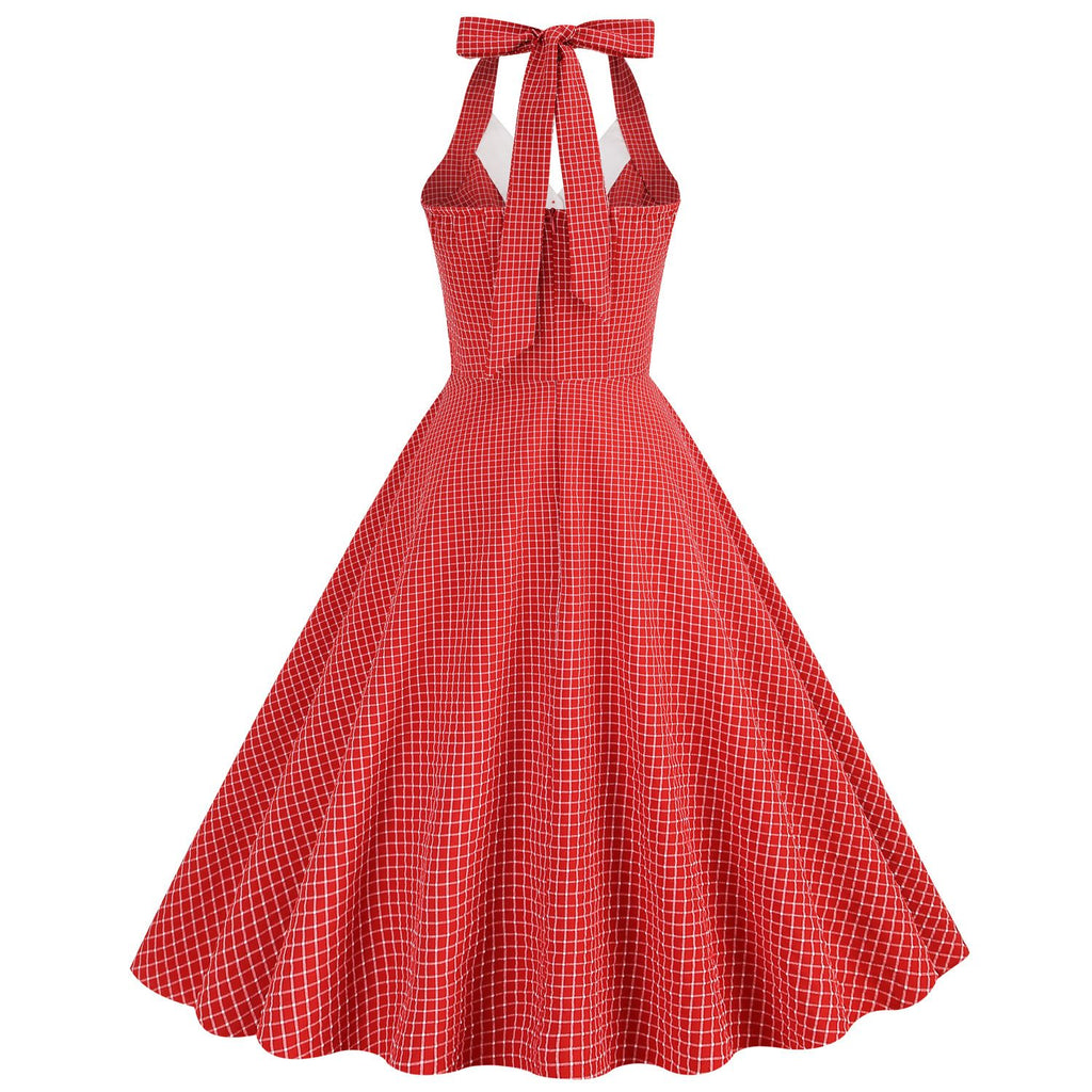 Women 50s Vintage Polka Dot Halter Cocktail Swing Dress Buttons 1950s Audrey Hepburn Dress