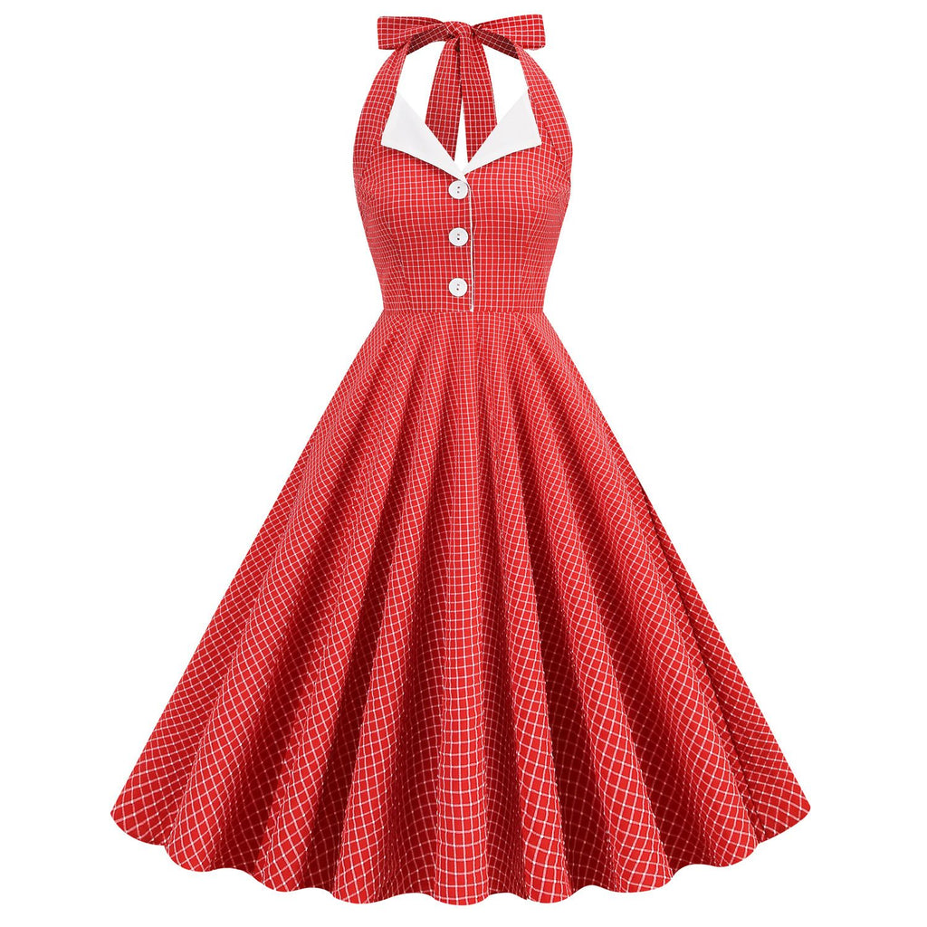 Women 50s Vintage Polka Dot Halter Cocktail Swing Dress Buttons 1950s Audrey Hepburn Dress