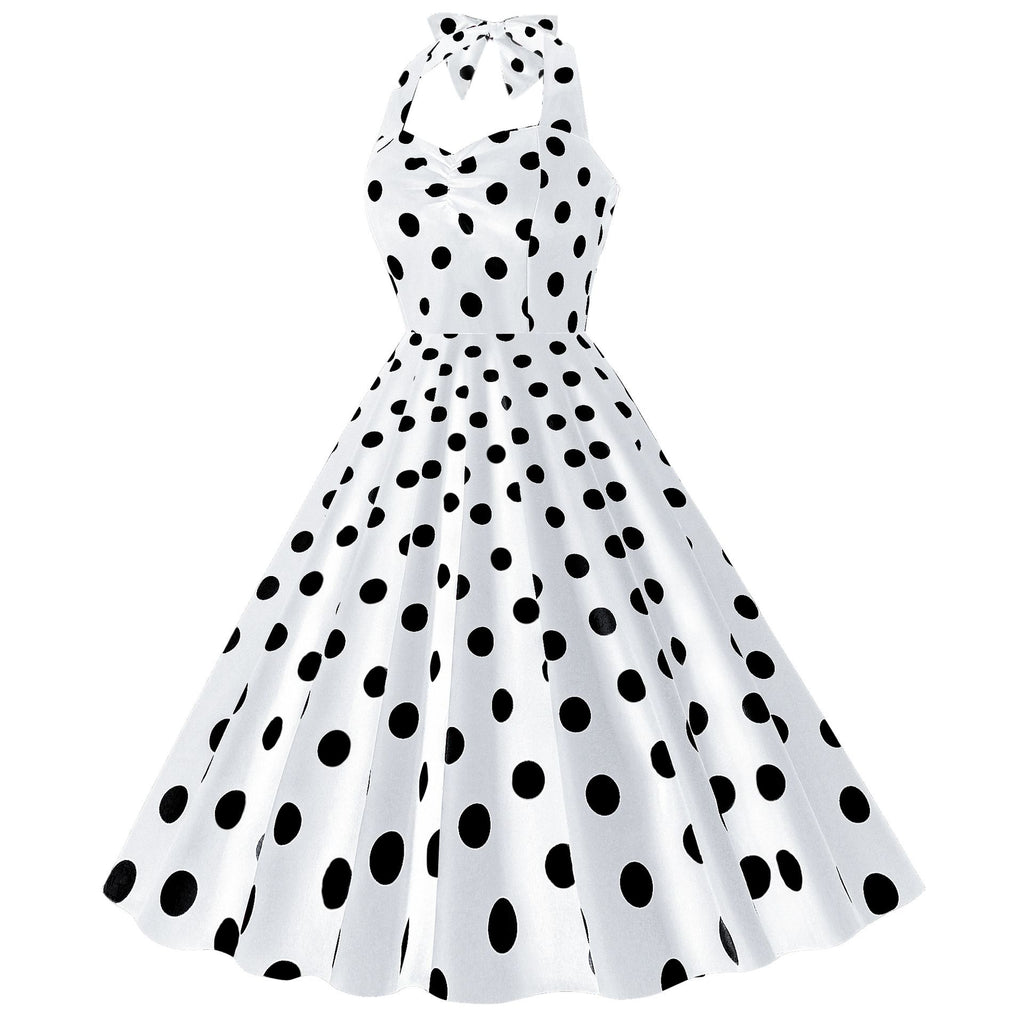 Women Retro Audrey Hepburn Dress Halter Polka Dot 50's 60's 80's Prom Vintage Swing Dresses