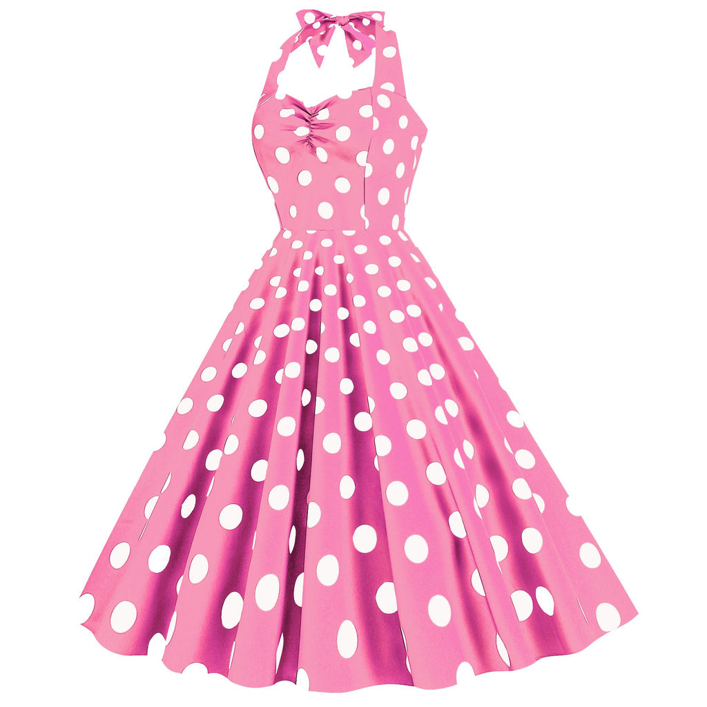 Women Retro Audrey Hepburn Dress Halter Polka Dot 50's 60's 80's Prom Vintage Swing Dresses