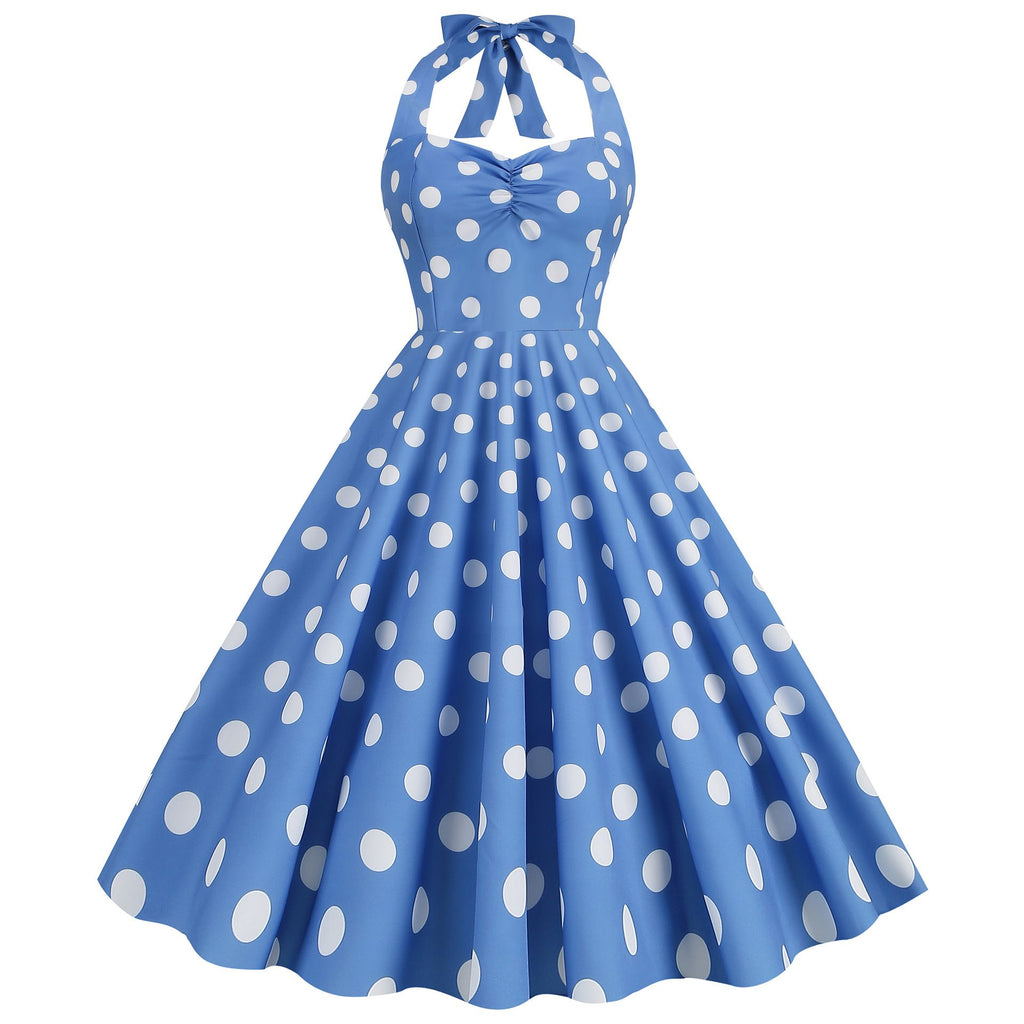 Women Retro Audrey Hepburn Dress Halter Polka Dot 50's 60's 80's Prom Vintage Swing Dresses