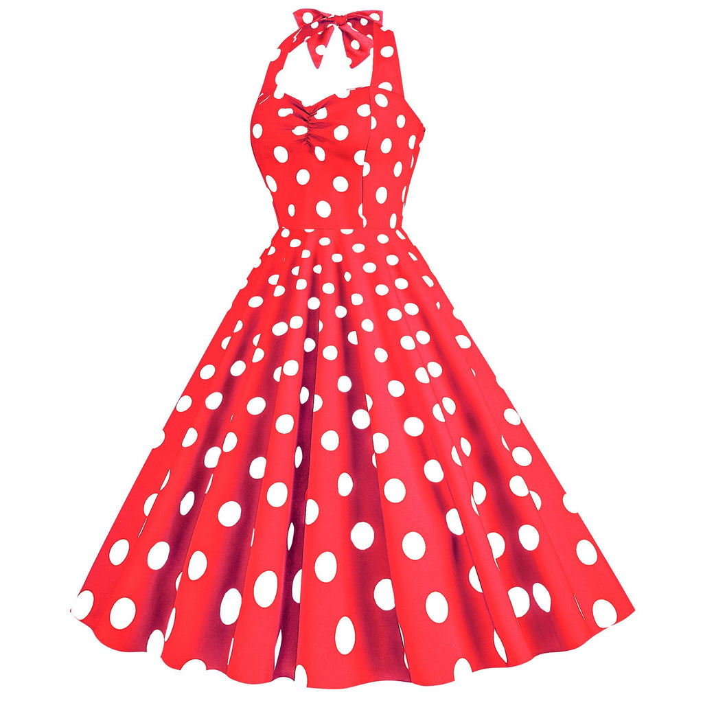 Women Retro Audrey Hepburn Dress Halter Polka Dot 50's 60's 80's Prom Vintage Swing Dresses