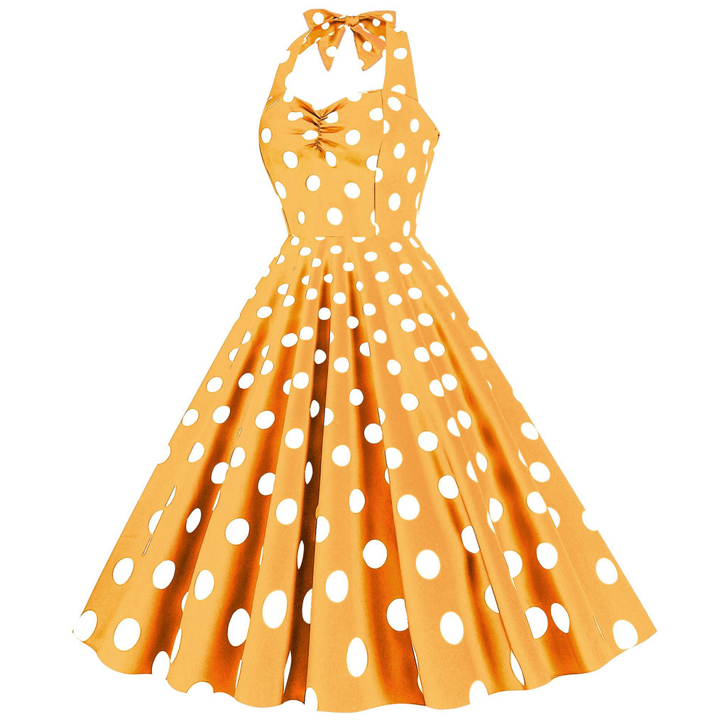 Women Retro Audrey Hepburn Dress Halter Polka Dot 50's 60's 80's Prom Vintage Swing Dresses