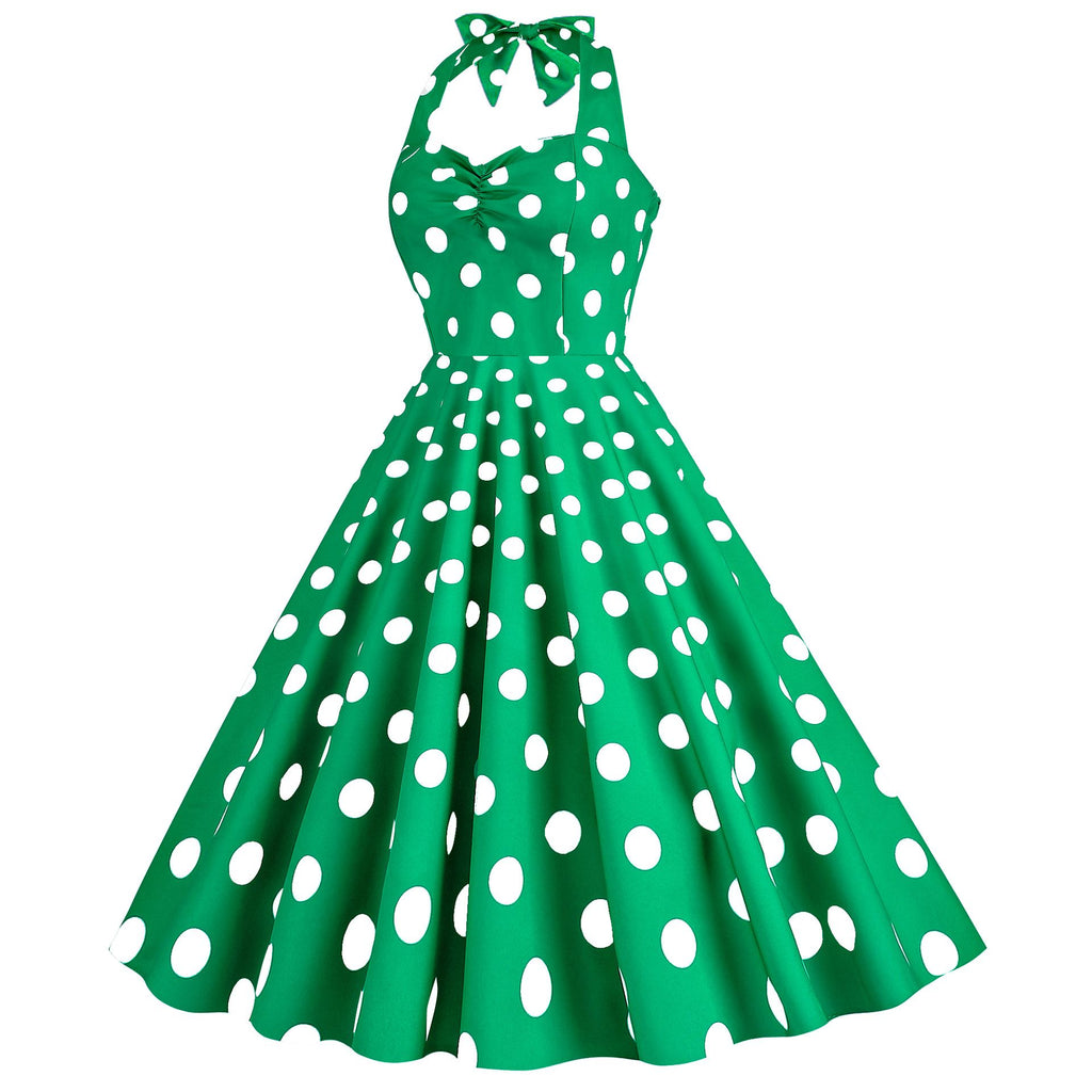 Women Retro Audrey Hepburn Dress Halter Polka Dot 50's 60's 80's Prom Vintage Swing Dresses
