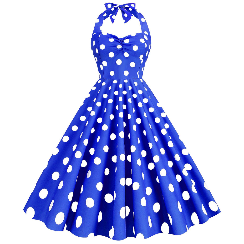 Women Retro Audrey Hepburn Dress Halter Polka Dot 50's 60's 80's Prom Vintage Swing Dresses