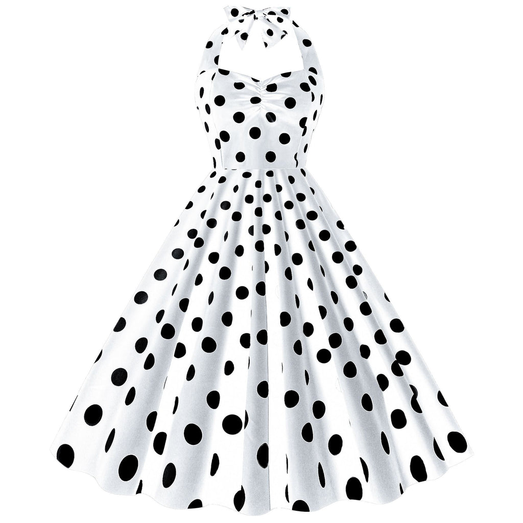 Women Retro Audrey Hepburn Dress Halter Polka Dot 50's 60's 80's Prom Vintage Swing Dresses