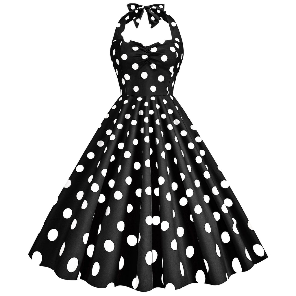 Women Retro Audrey Hepburn Dress Halter Polka Dot 50's 60's 80's Prom Vintage Swing Dresses