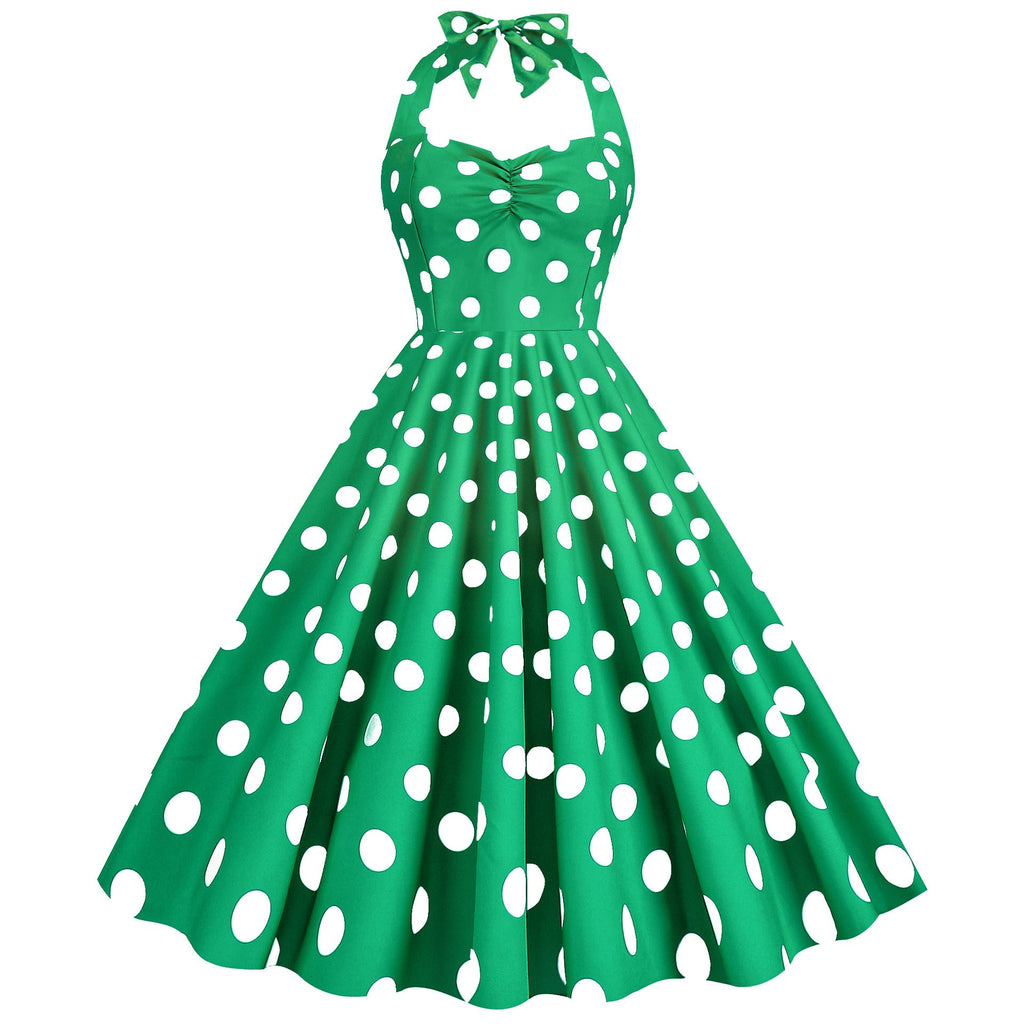Women Retro Audrey Hepburn Dress Halter Polka Dot 50's 60's 80's Prom Vintage Swing Dresses
