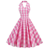 Women Vintage 1950s Halter Cocktail Party Swing Prom Rockabilly Pink Plaid Dresses