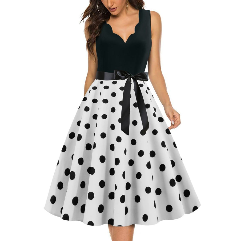 Women's 1950s Polka Dot Summer Dress Sleeveless V-Neck Elegant Vintage Party Dress