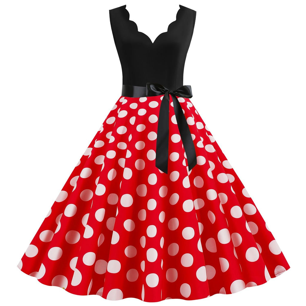 Women's 1950s Polka Dot Summer Dress Sleeveless V-Neck Elegant Vintage Party Dress