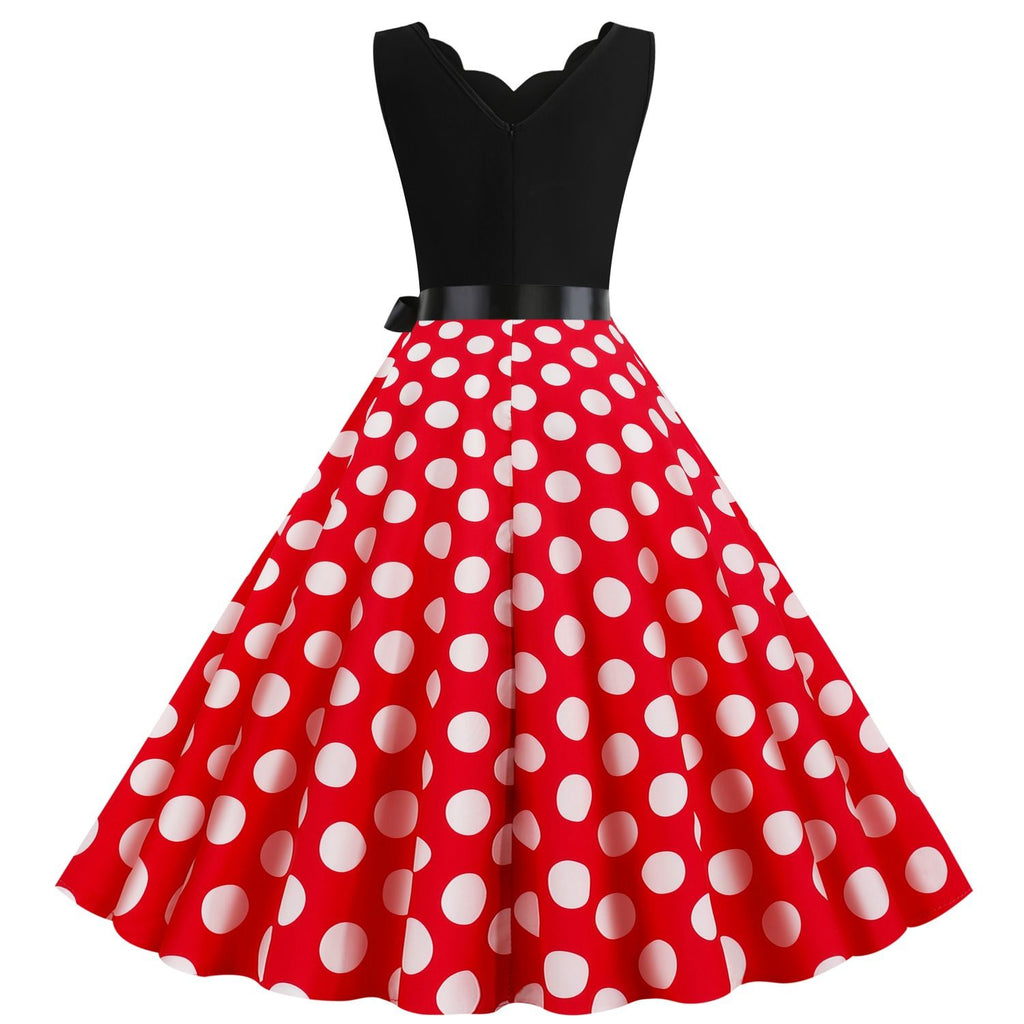 Women's 1950s Polka Dot Summer Dress Sleeveless V-Neck Elegant Vintage Party Dress