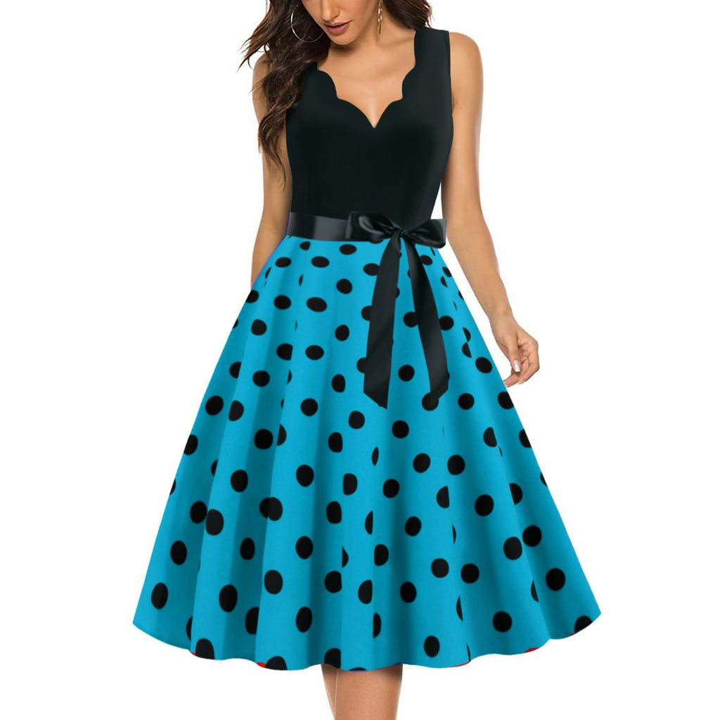 Women's 1950s Polka Dot Summer Dress Sleeveless V-Neck Elegant Vintage Party Dress