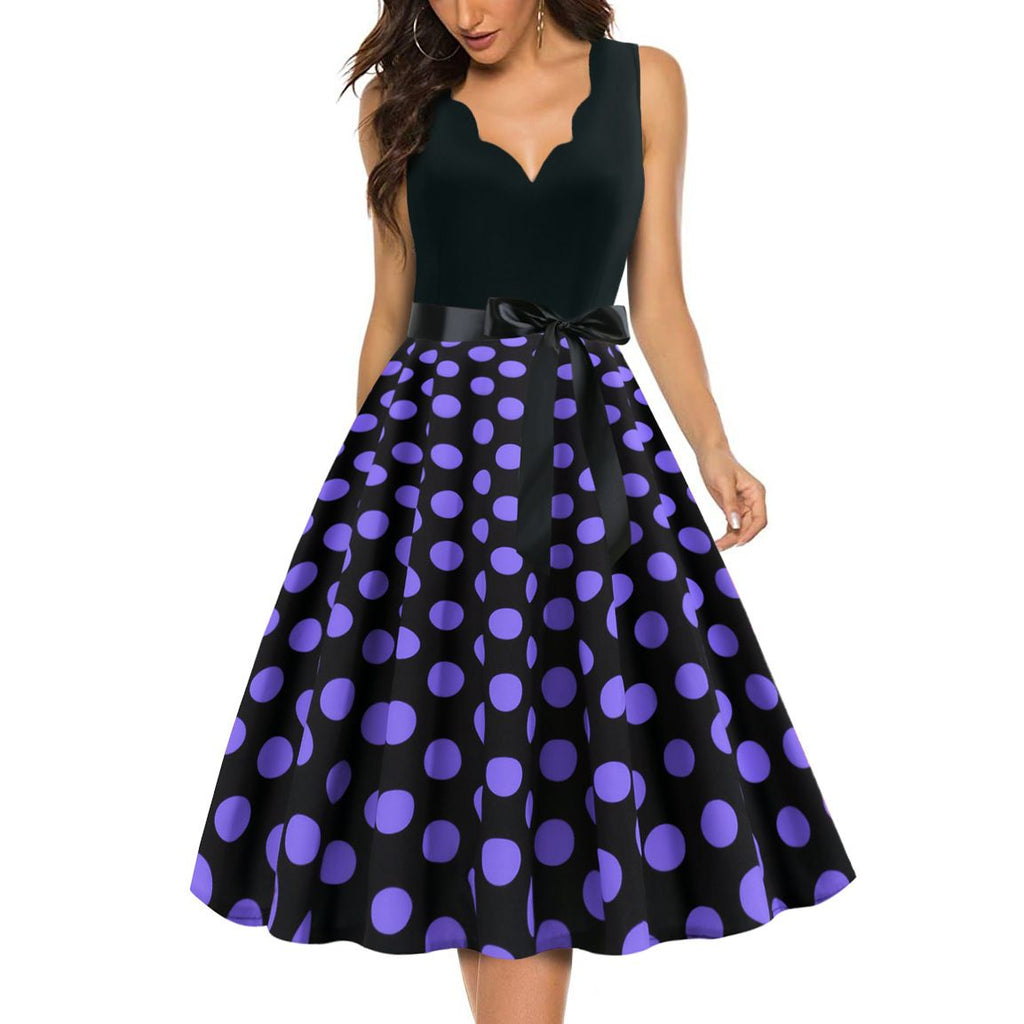 Women's 1950s Polka Dot Summer Dress Sleeveless V-Neck Elegant Vintage Party Dress