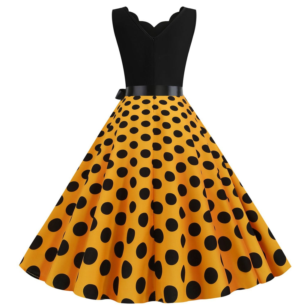 Women's 1950s Polka Dot Summer Dress Sleeveless V-Neck Elegant Vintage Party Dress