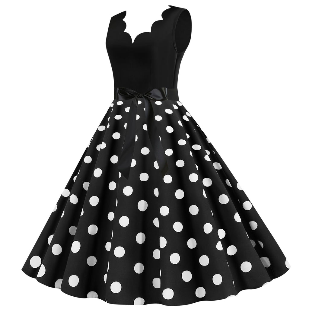 Women's 1950s Polka Dot Summer Dress Sleeveless V-Neck Elegant Vintage Party Dress