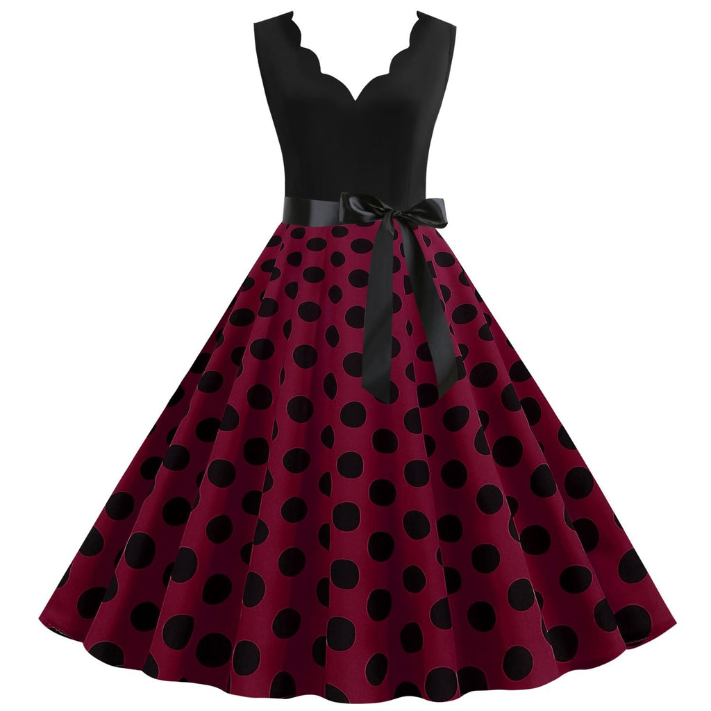 Women's 1950s Polka Dot Summer Dress Sleeveless V-Neck Elegant Vintage Party Dress