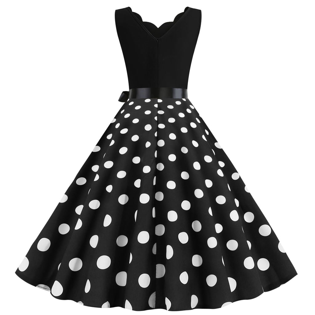 Women's 1950s Polka Dot Summer Dress Sleeveless V-Neck Elegant Vintage Party Dress