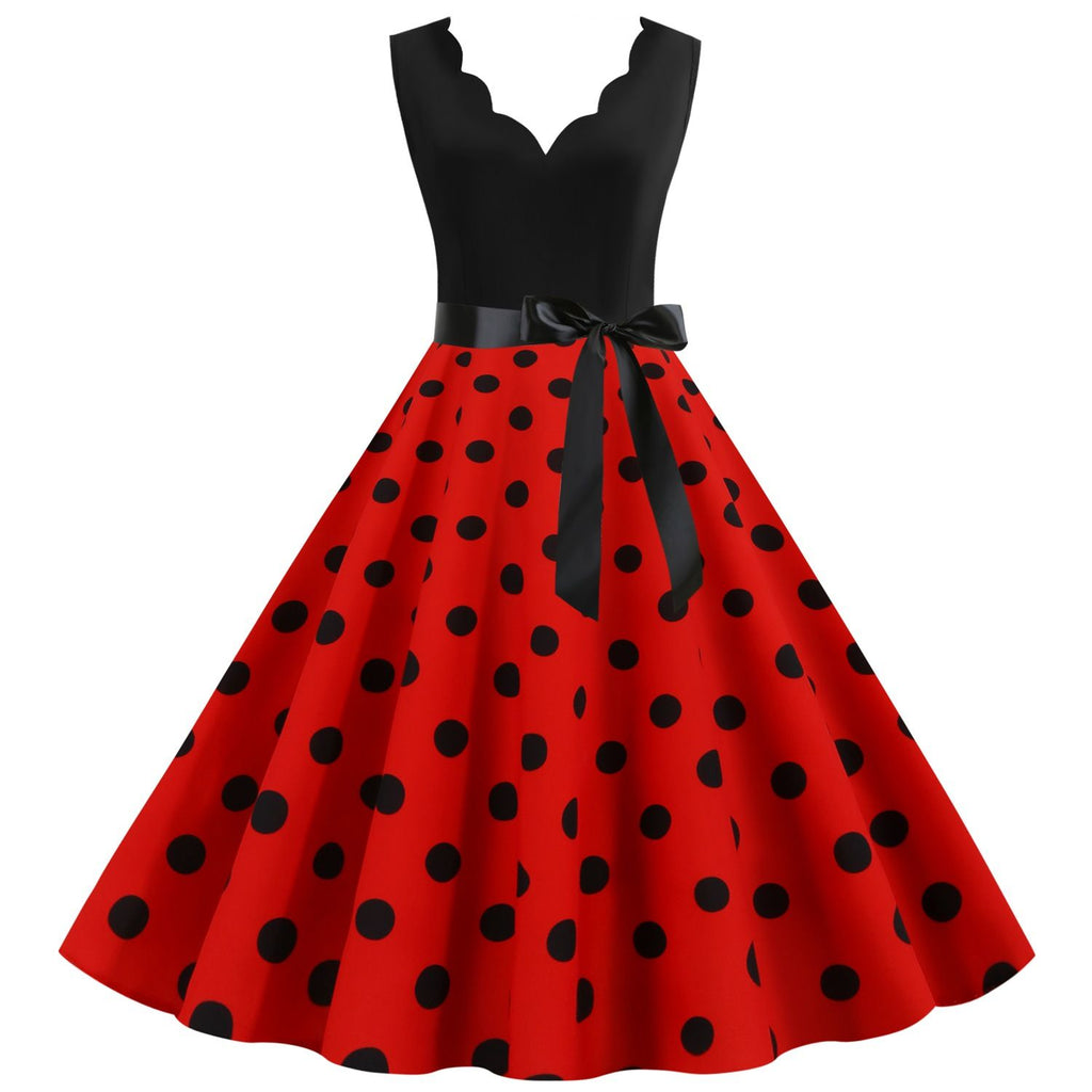 Women's 1950s Polka Dot Summer Dress Sleeveless V-Neck Elegant Vintage Party Dress