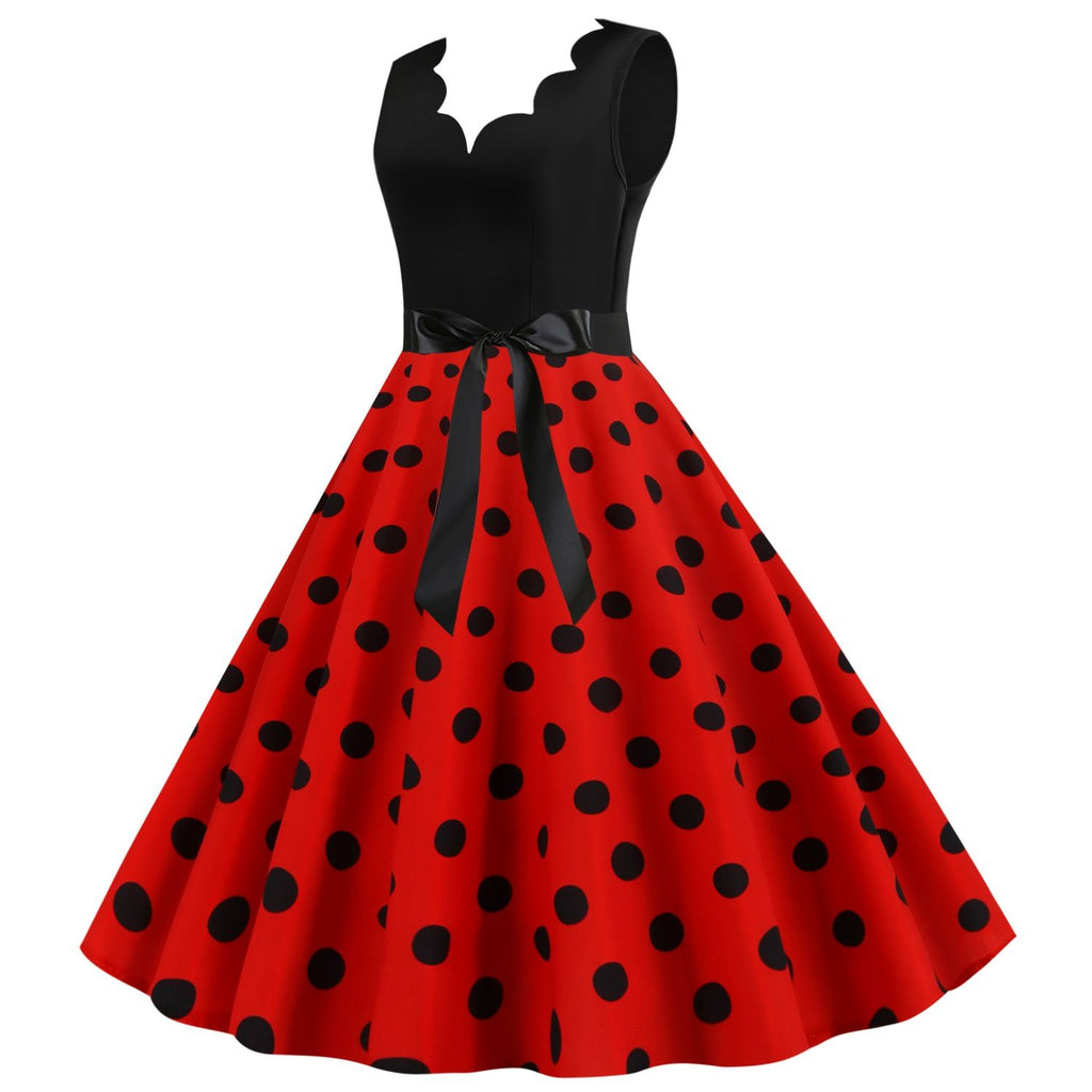 Women's 1950s Polka Dot Summer Dress Sleeveless V-Neck Elegant Vintage Party Dress