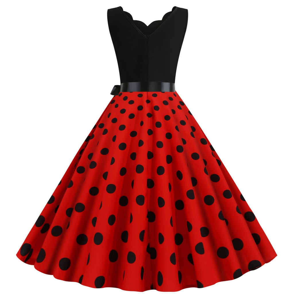 Women's 1950s Polka Dot Summer Dress Sleeveless V-Neck Elegant Vintage Party Dress