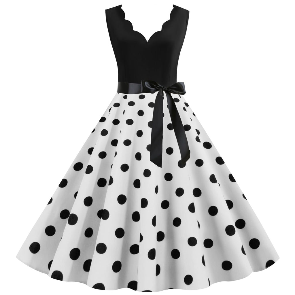 Women's 1950s Polka Dot Summer Dress Sleeveless V-Neck Elegant Vintage Party Dress