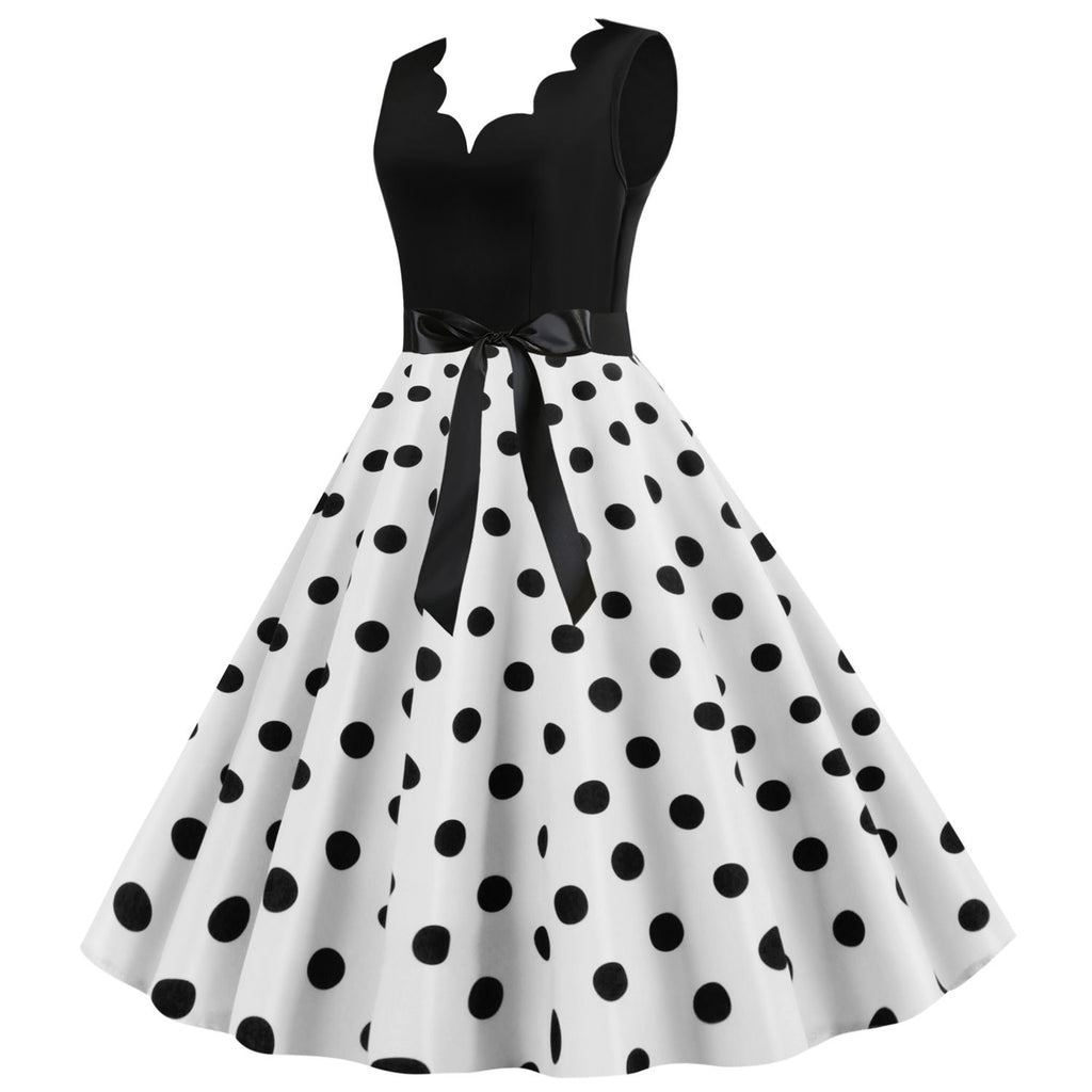 Women's 1950s Polka Dot Summer Dress Sleeveless V-Neck Elegant Vintage Party Dress