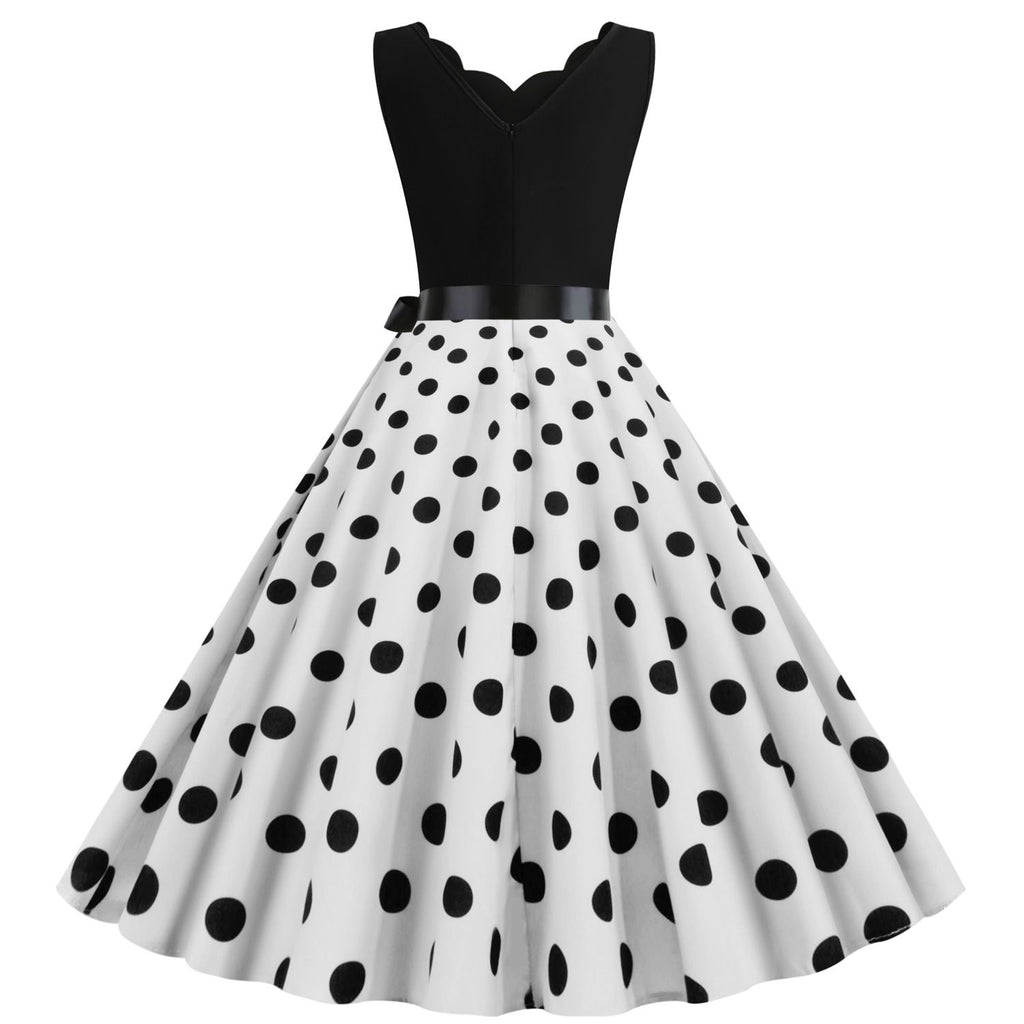 Women's 1950s Polka Dot Summer Dress Sleeveless V-Neck Elegant Vintage Party Dress