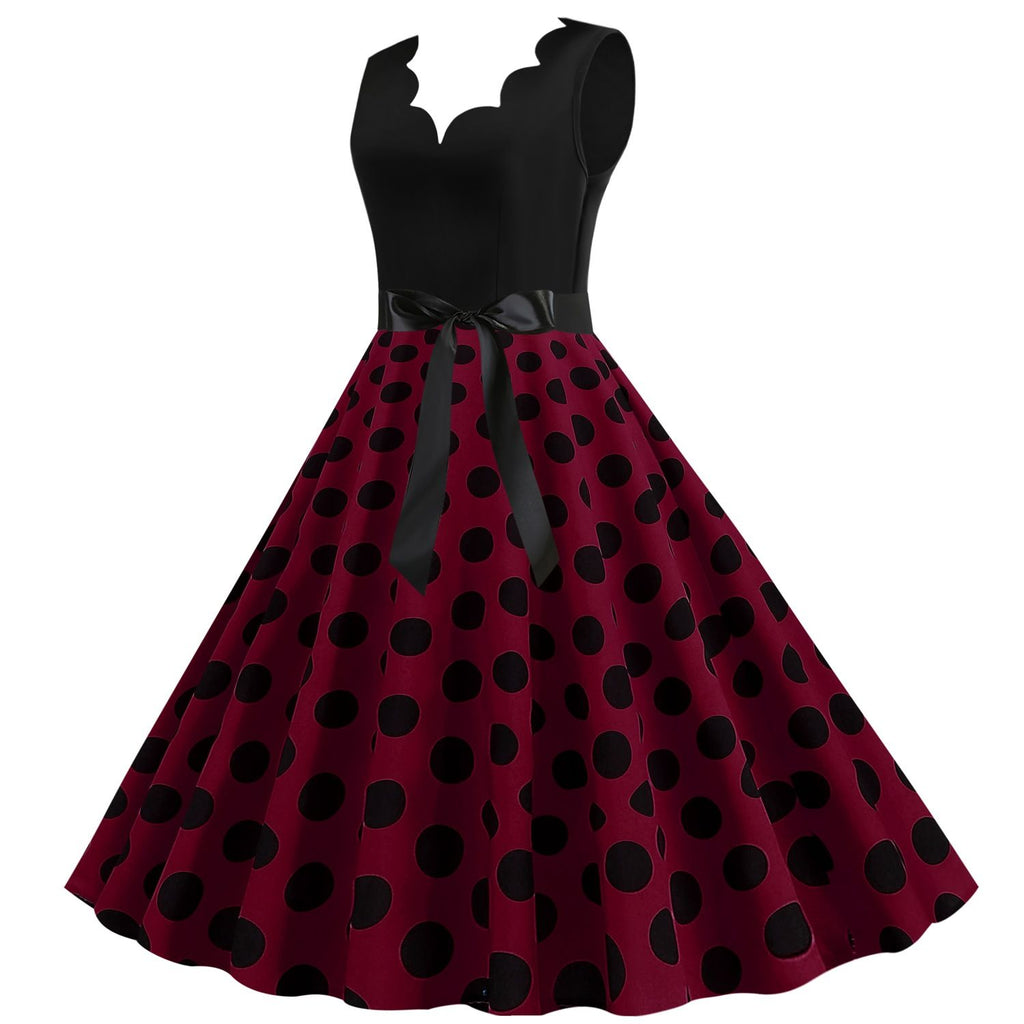 Women's 1950s Polka Dot Summer Dress Sleeveless V-Neck Elegant Vintage Party Dress