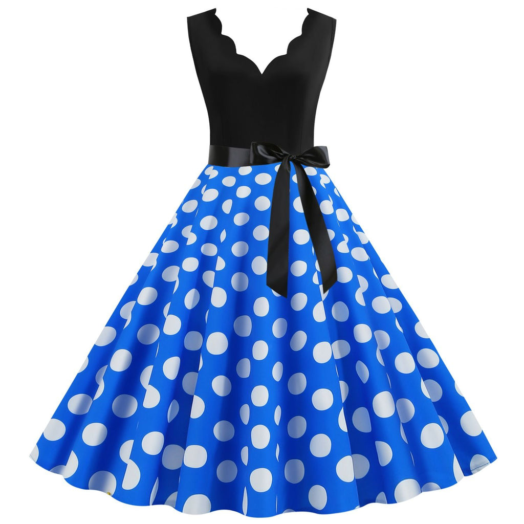 Women's 1950s Polka Dot Summer Dress Sleeveless V-Neck Elegant Vintage Party Dress