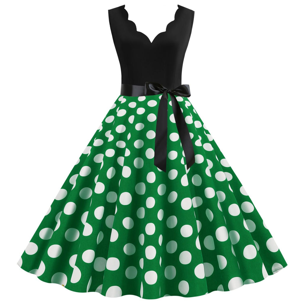 Women's 1950s Polka Dot Summer Dress Sleeveless V-Neck Elegant Vintage Party Dress