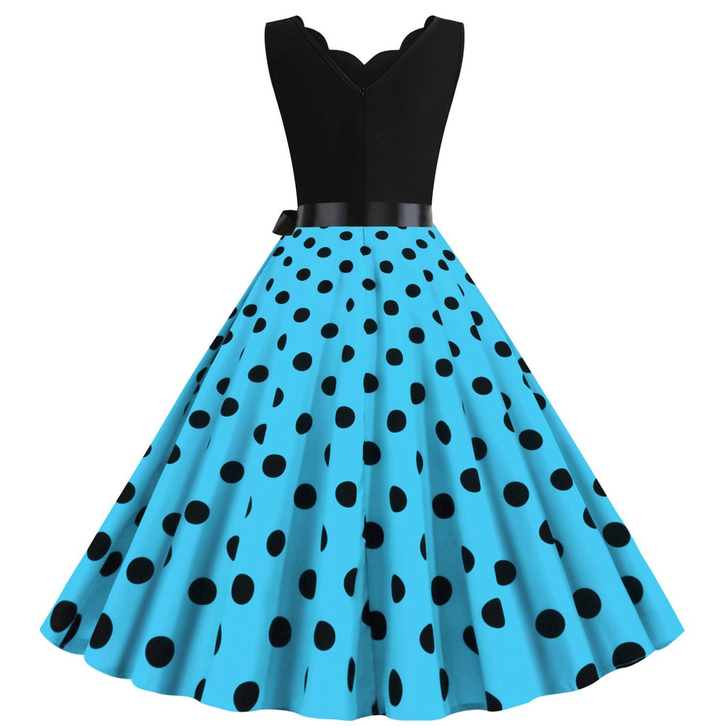 Women's 1950s Polka Dot Summer Dress Sleeveless V-Neck Elegant Vintage Party Dress