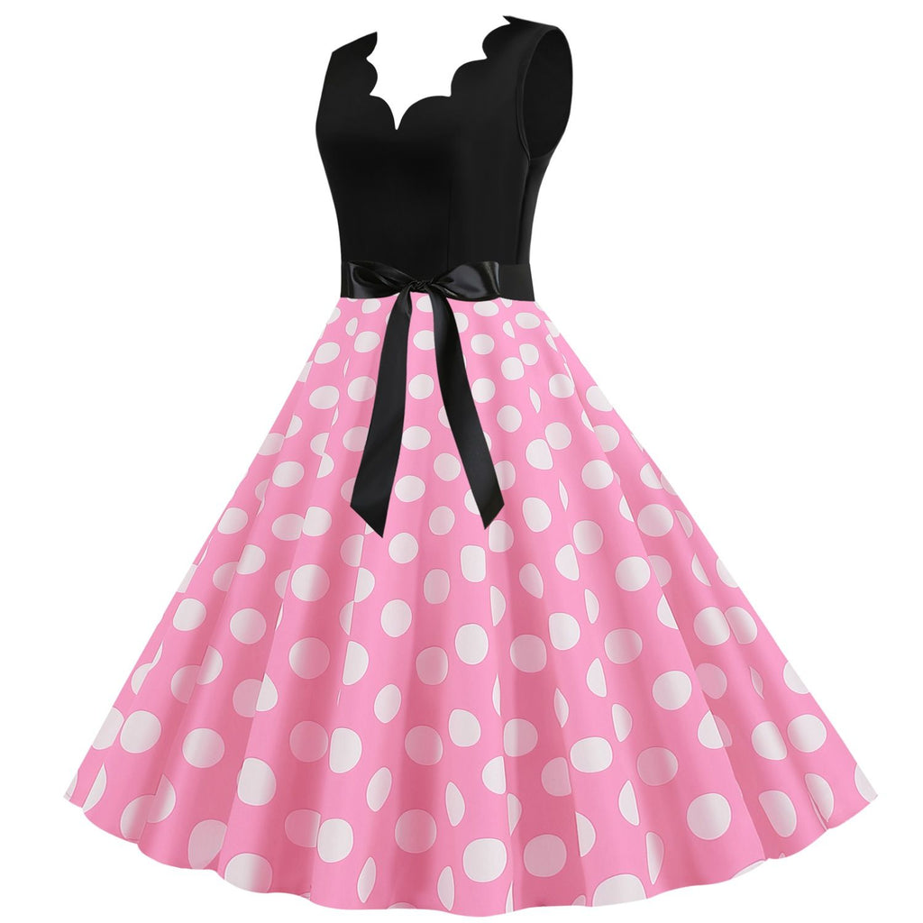 Women's 1950s Polka Dot Summer Dress Sleeveless V-Neck Elegant Vintage Party Dress