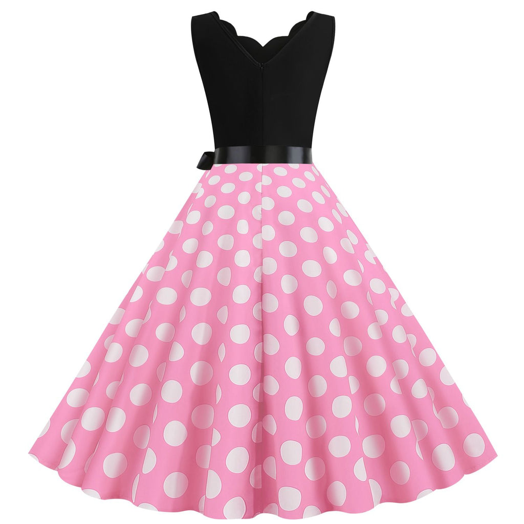 Women's 1950s Polka Dot Summer Dress Sleeveless V-Neck Elegant Vintage Party Dress