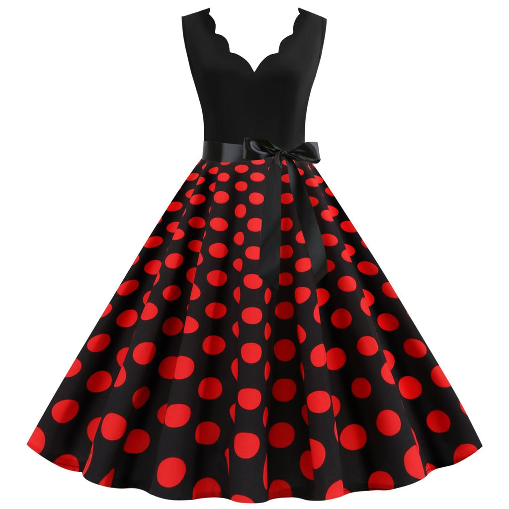 Women's 1950s Polka Dot Summer Dress Sleeveless V-Neck Elegant Vintage Party Dress