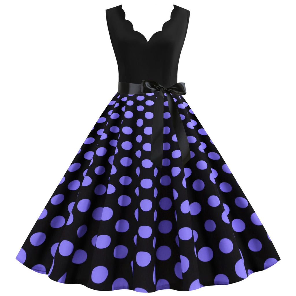 Women's 1950s Polka Dot Summer Dress Sleeveless V-Neck Elegant Vintage Party Dress