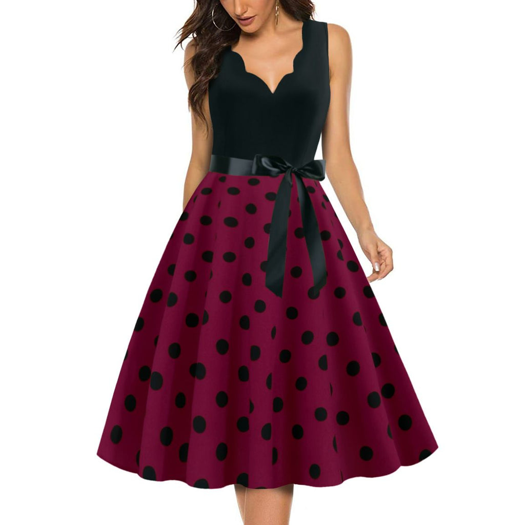 Women's 1950s Polka Dot Summer Dress Sleeveless V-Neck Elegant Vintage Party Dress