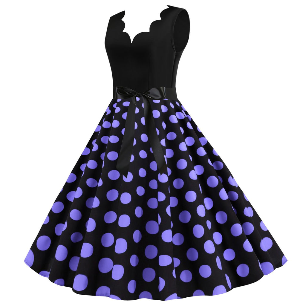 Women's 1950s Polka Dot Summer Dress Sleeveless V-Neck Elegant Vintage Party Dress