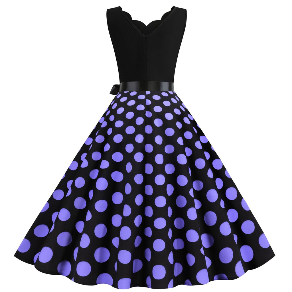 Women's 1950s Polka Dot Summer Dress Sleeveless V-Neck Elegant Vintage Party Dress