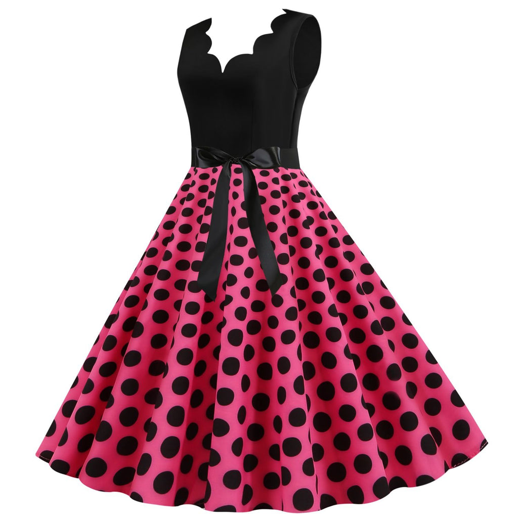 Women's 1950s Polka Dot Summer Dress Sleeveless V-Neck Elegant Vintage Party Dress