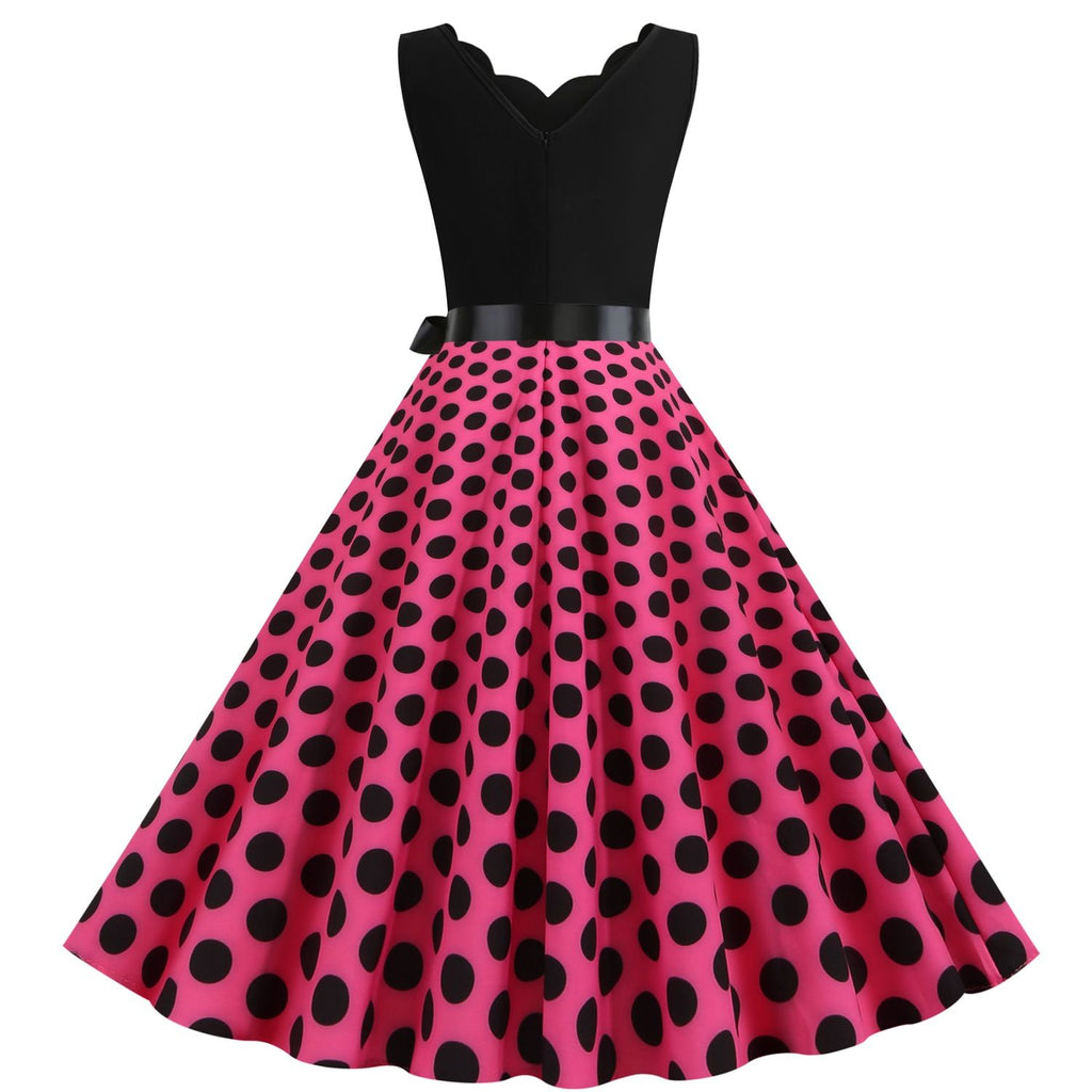 Women's 1950s Polka Dot Summer Dress Sleeveless V-Neck Elegant Vintage Party Dress