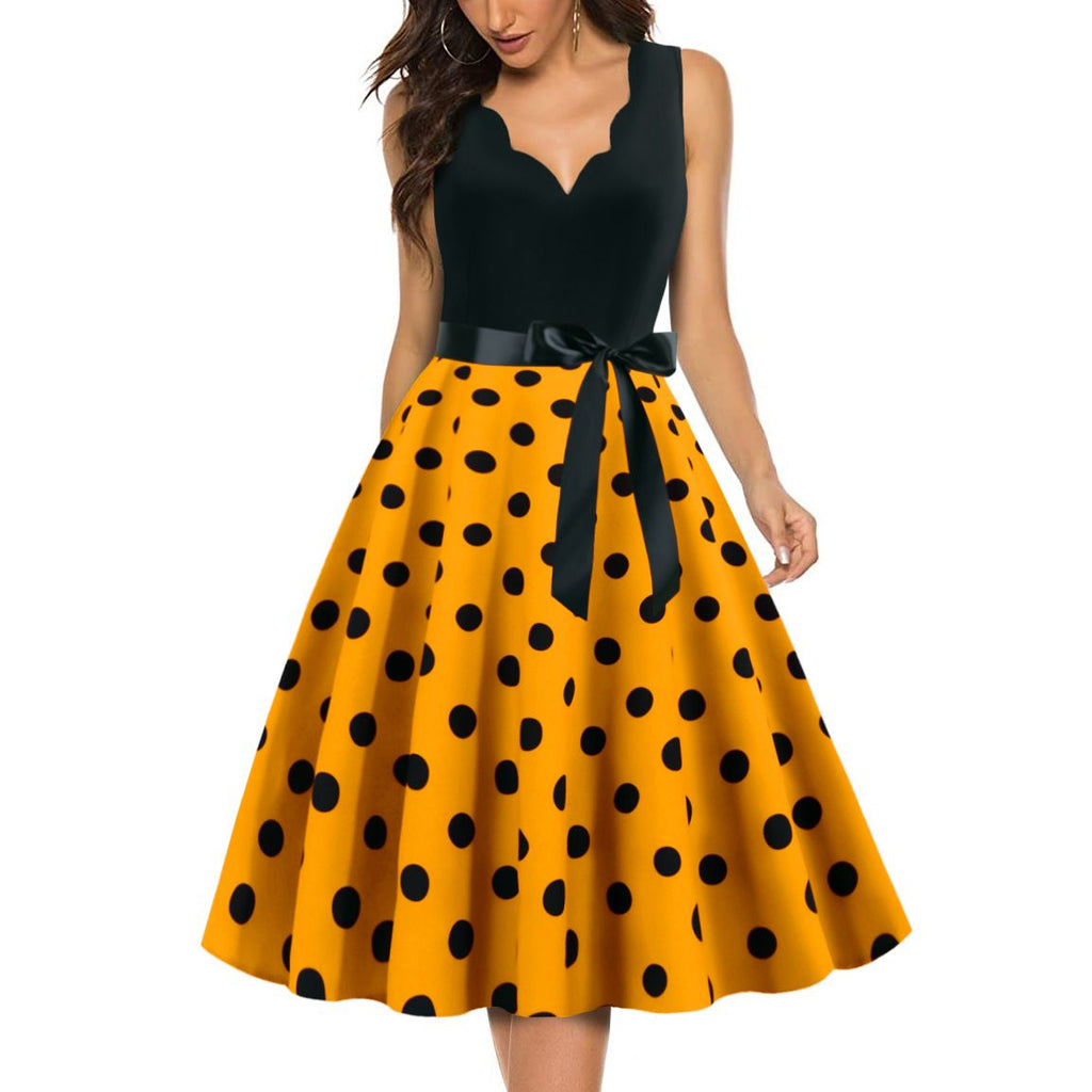 Women's 1950s Polka Dot Summer Dress Sleeveless V-Neck Elegant Vintage Party Dress