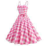 Women's Pink Plaid Dress Vintage 50s 80s Halloween Party Costume Film Fancy Dress