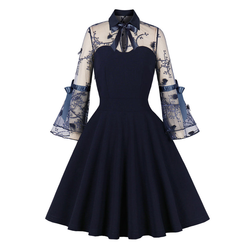 Women's Vintage 1950s Lace A Line Pleated Flare Cocktail Long Dress