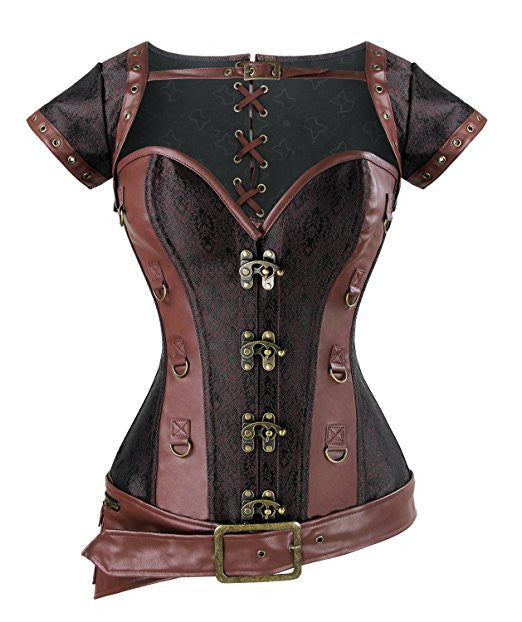 Brocade Steampunk Corsets with Pouch Belt Brown Color Clothing