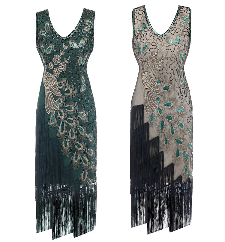 1920s Vintage Peacock Sequined Gatsby Fringed Flapper Roaring 20s Party Dress
