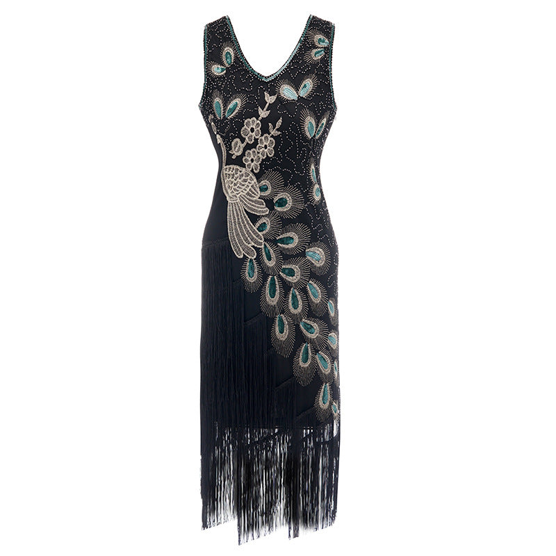1920s Vintage Peacock Sequined Gatsby Fringed Flapper Roaring 20s Party Dress