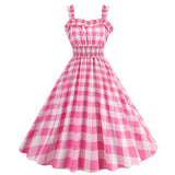 1950s Dresses for Women Vintage Rockabilly Retro Straps Pink Plaid A-line Swing Midi Dress